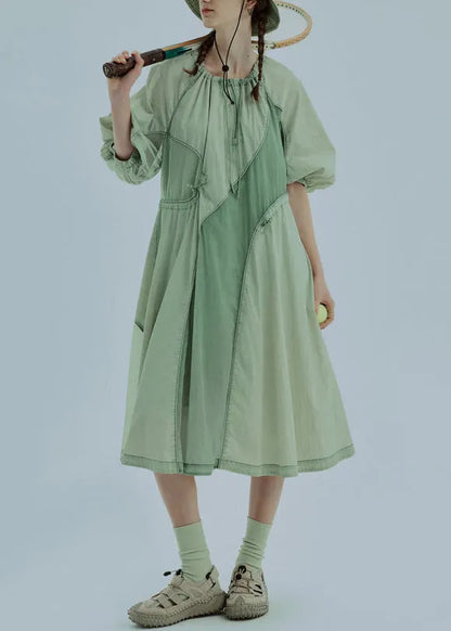 Modern Green Drawstring Wrinkled Patchwork Cotton Dresses Summer
