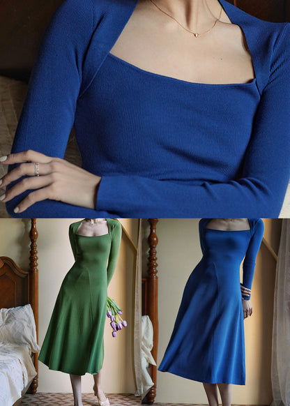 Blue Knit a Line Dress Square Collar Exra Large Hem Spring