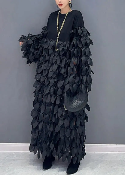 Black O Neck Patchwork Cotton Long Dress Spring