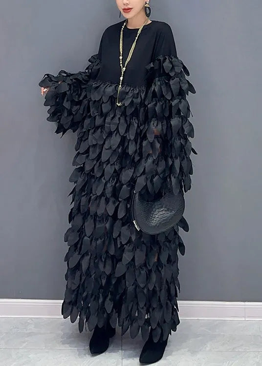 Black O Neck Patchwork Cotton Long Dress Spring