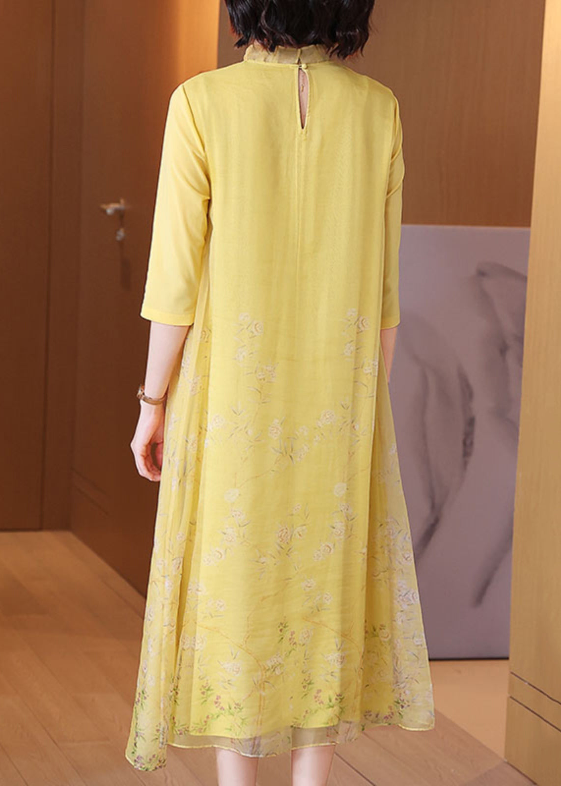 Chinese Style Yellow Ruffled Button Print Silk Long Dress Half Sleeve Summer