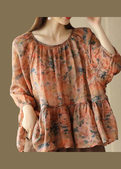 Green O Neck Print Patchwork Linen Shirts Summer