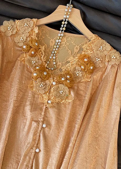 V Neck Button Lace Patchwork Silk Shirt Fall