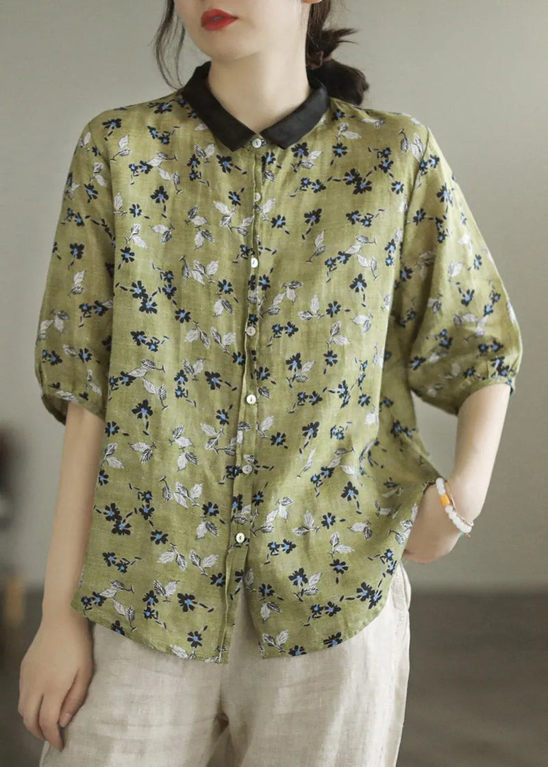 Colour 1 Peter Pan Collar Print Button Linen Shirt Half Sleeve