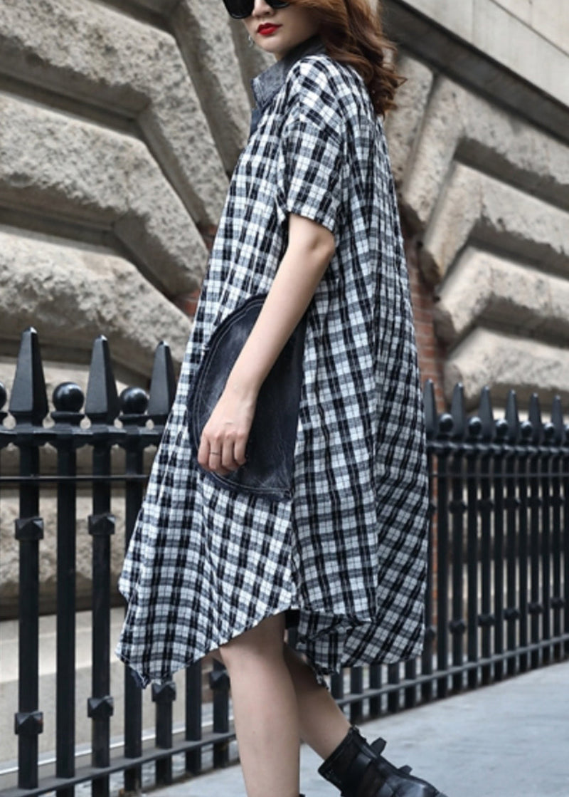 Plaid Button Patchwork Cotton Dress Summer