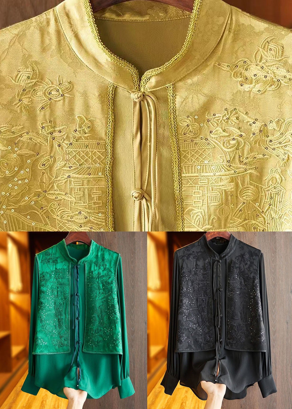 Green Tasseled Jacquard Patchwork Silk Shirt Top Spring