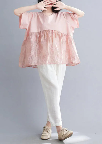 Pink V Neck Patchwork Jacquard Cotton Tank Tops Short Sleeve