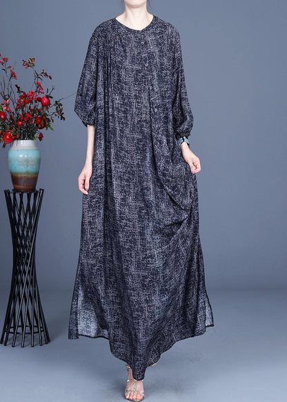 Art Black Print Asymmetrical Design Side Open Holiday Summer Spring Linen Dress