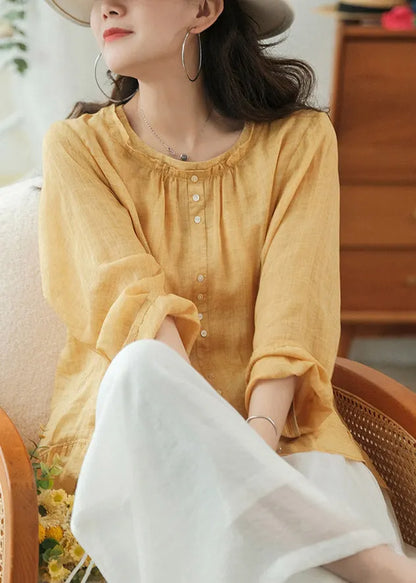 Modern Yellow O-neck Button Linen Shirt Tops Three Quarter Sleeve