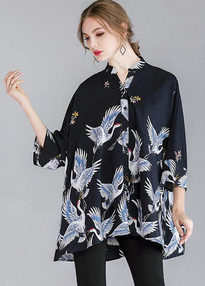 Fine Navy Stand Collar Asymmetrical Design Fall Three Quarter Sleeve Shirt Top