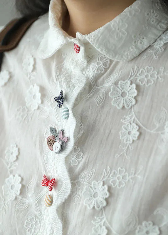 Diy White Embroideried Three-dimensional Cotton Shirt Top Long Sleeve