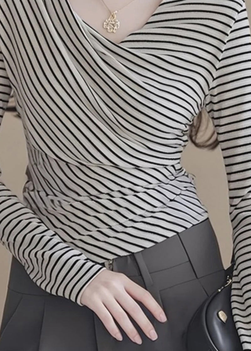 Black White Striped V Neck Tops Spring