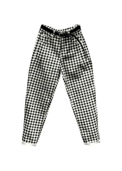 Black Plaid Pockets Patchwork Denim Pants Fall