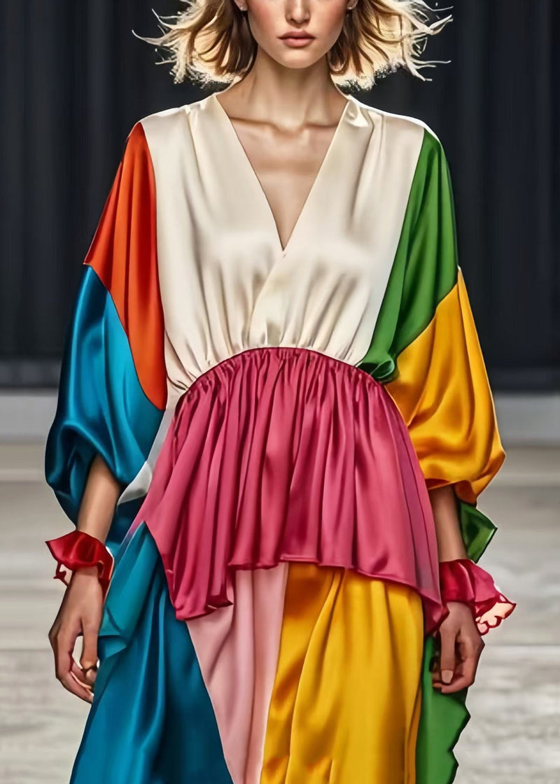 Colorblock V Neck Patchwork Silk Tea Dresses Spring