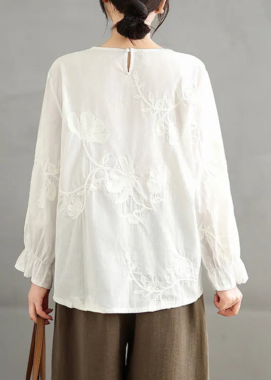 Red O-neck Embroidered Cotton Shirt Top Fall