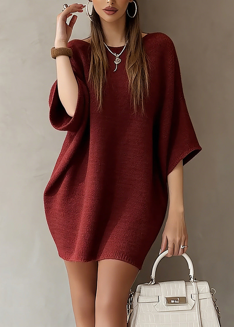 Red Slash Neck Knit Sweater Dress Batwing Sleeve Spring