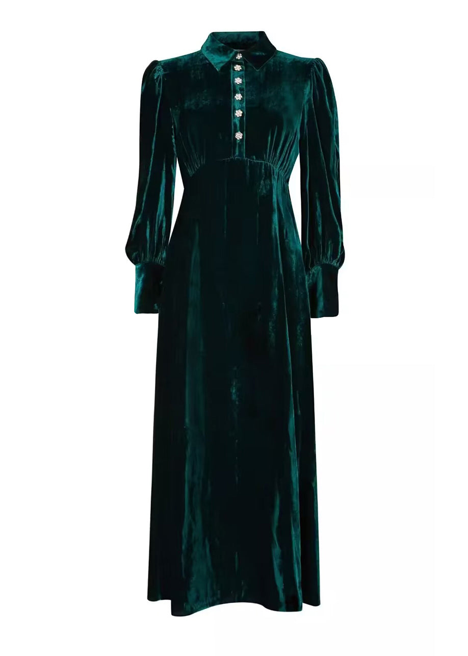 French Green Peter Pan Collar Velour Dresses Fall