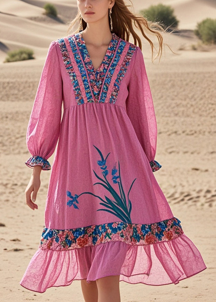 Pink Ruffled Patchwork Cotton Tea Dress Fall