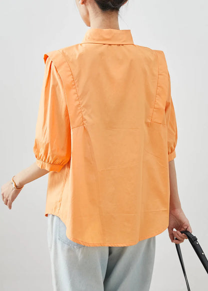 Orange Peter Pan Collar Patchwork Cotton Shirts Half Sleeve