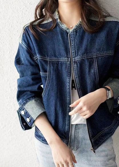 Denim Blue O-neck Zippered Patchwork Coat Long Sleeve