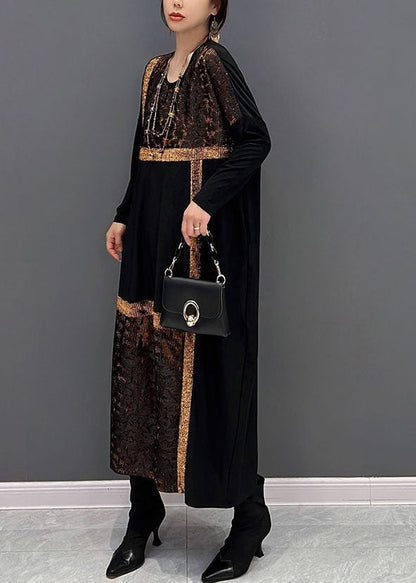 Classy Black O-neck Oversized Patchwork Cotton Long Dress Spring
