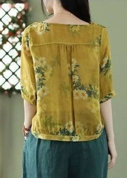 Yellow V Neck Print Linen Shirt Tops Half Sleeve