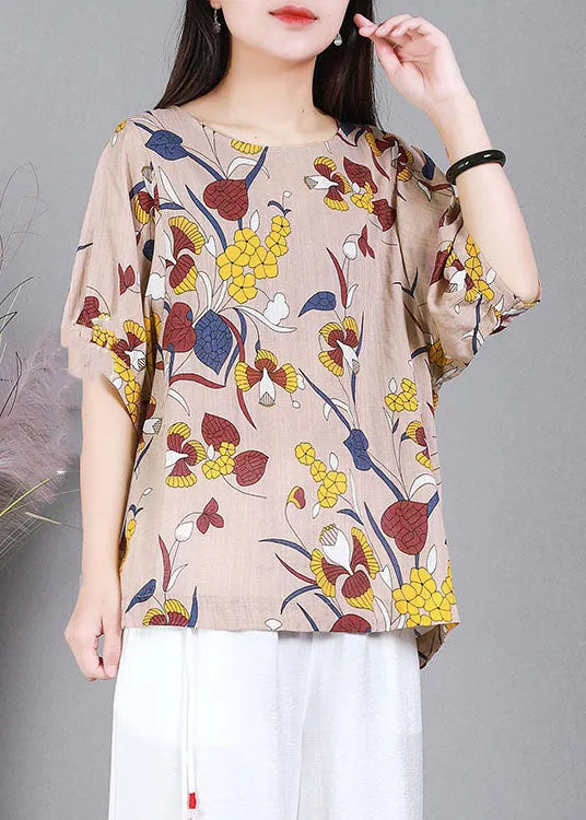 Pink O-neck Print Cotton Tank Top Half Sleeve