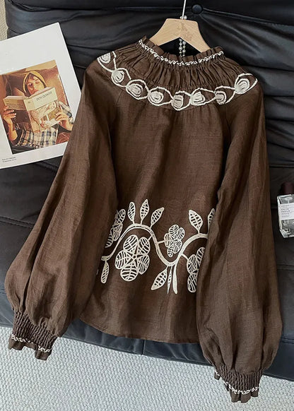 Coffee Embroidered Wrinkled Cotton Blouses Fall