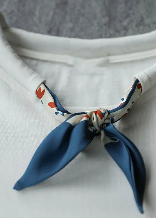 White O-neck Drawstring Bow Cotton Tank Short Sleeve