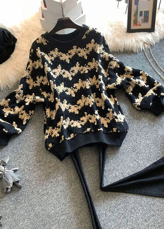 Vertical Striped O-neck Patchwork Nail Bead Woolen Sweatshirts Long Sleeve