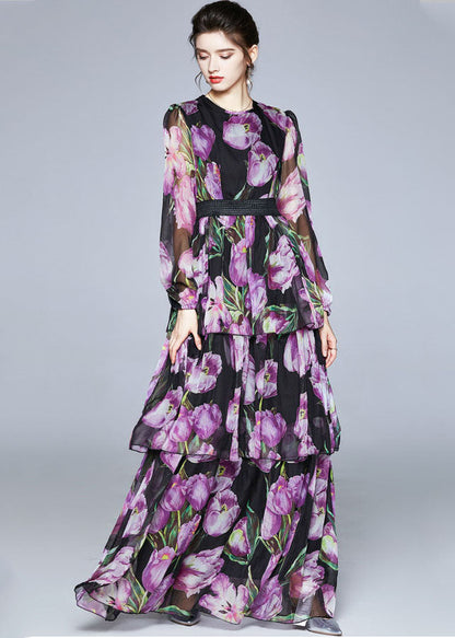 Boutique Purple Print O-neck Layered Design Chiffon Long Dresses Fall