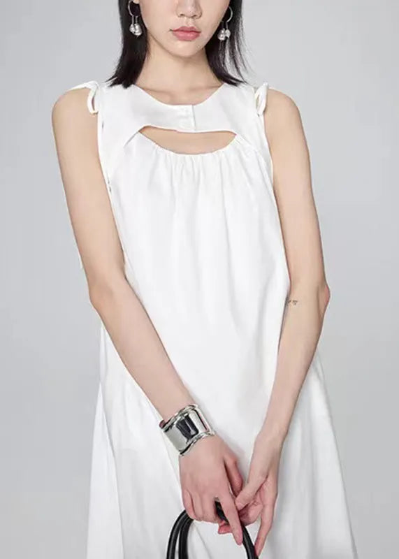 Modern White O-neck Wrinkled Lace Tie Long Dresses Summer