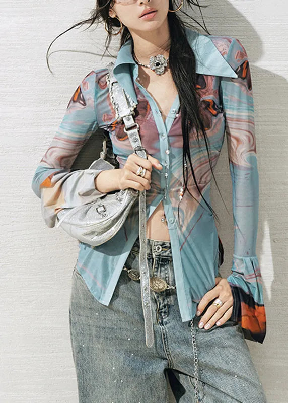 Unique Green Peter Pan Collar Print Button Tulle Shirts Flare Sleeve
