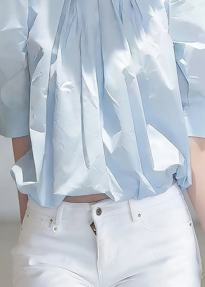 Fitted Blue Wrinkled Top Short Sleeve