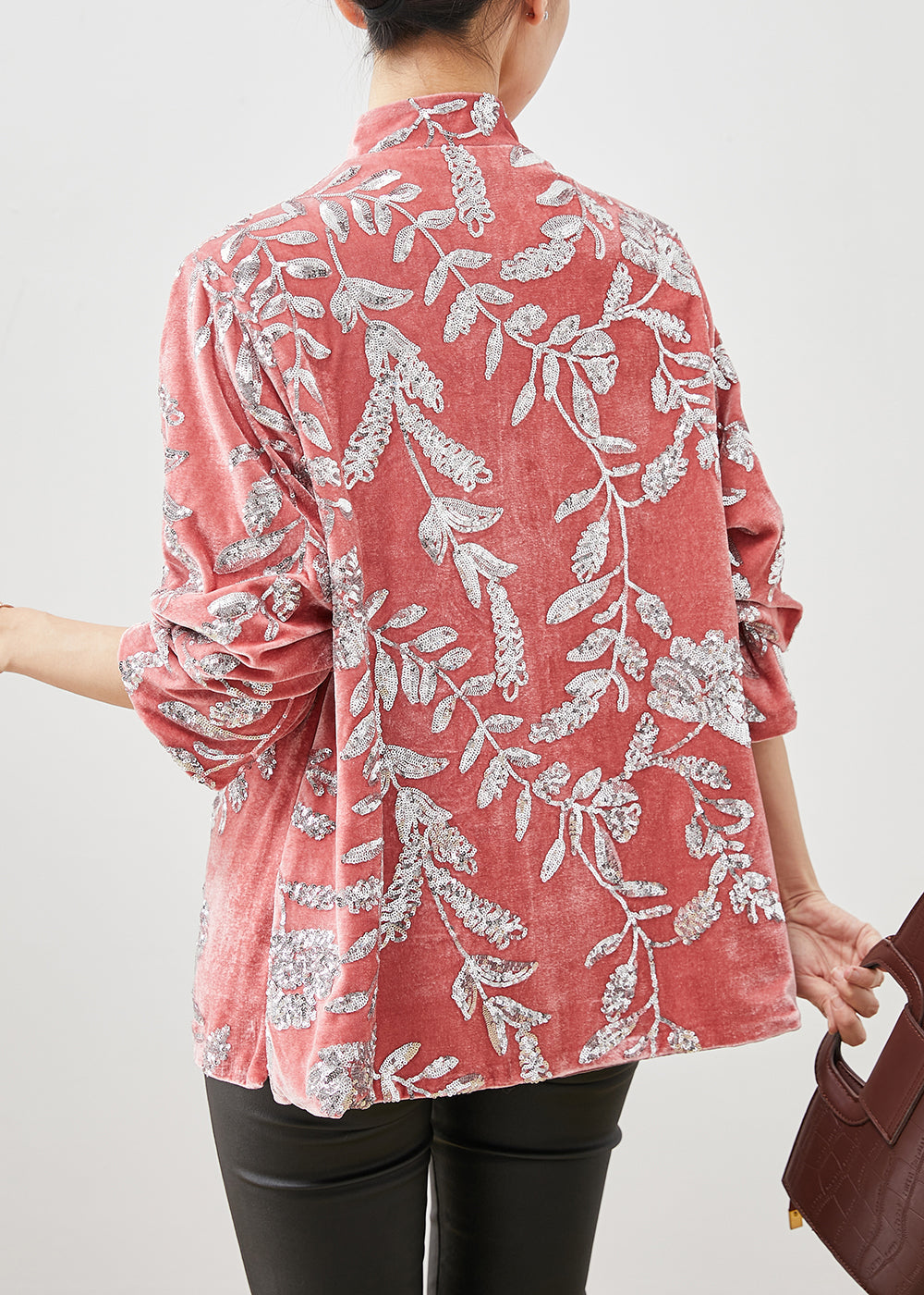 Pink Stand Collar Leaf Sequins Silk Velour Shirt Spring