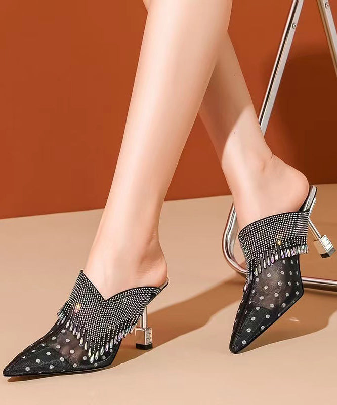 Black Tulle Zircon Tassel Slide Sandals Pointed Toe