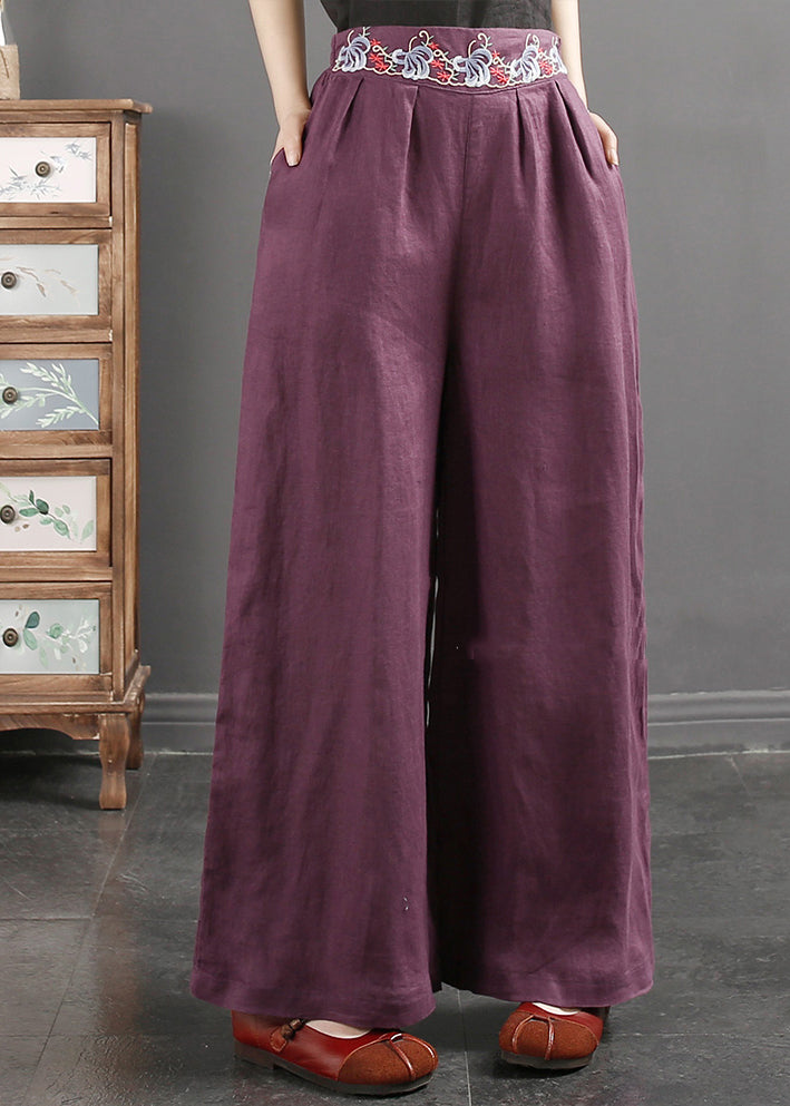 Italian Purple Embroideried Pockets Linen Straight Pants Spring