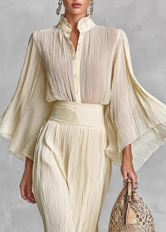 Stylish Beige Ruffled Side Open Shirts and Skirts Cotton Two Pieces Set Spring