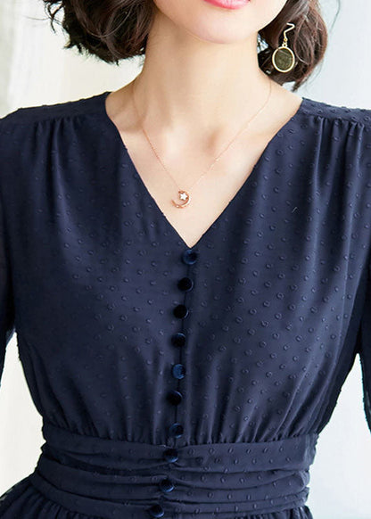 Blue V Neck Dot Button Chiffon Cinch Shirts Long Sleeve