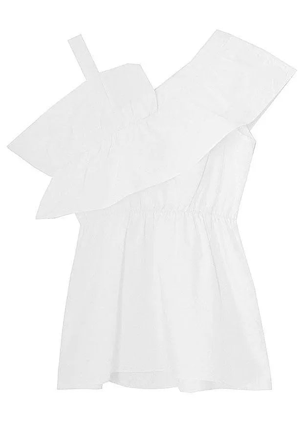 White Asymmetrical Design Cold Shoulder Ruffles Summer Shirt Top