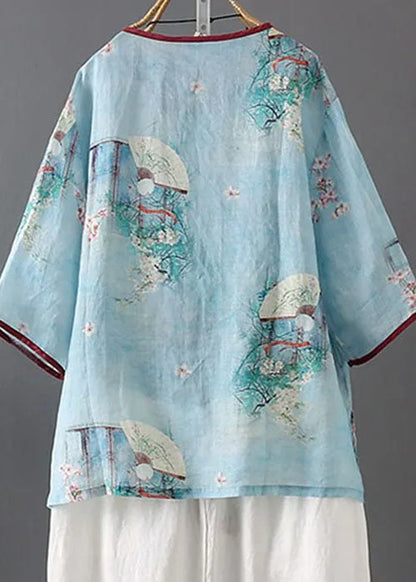 Boutique Blue Patchwork Print Linen Shirt Tops Spring