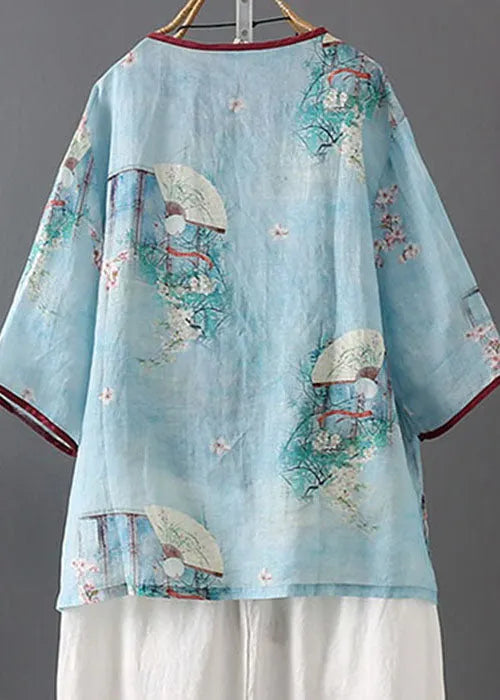 Boutique Blue Patchwork Print Linen Shirt Tops Spring