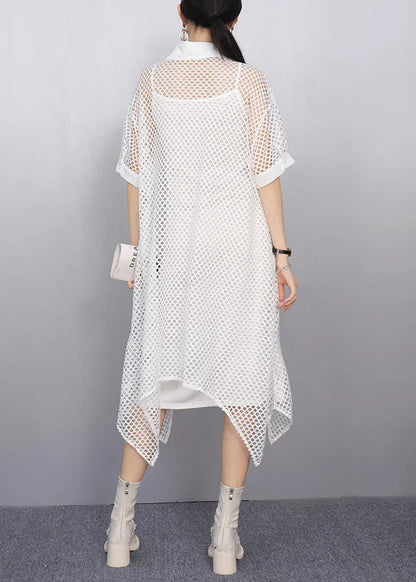 New White Peter Pan Collar Hollow Out Long Tops Summer