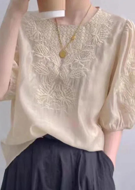 Apricot O-neck Embroideried Silk Top Puff Sleeve