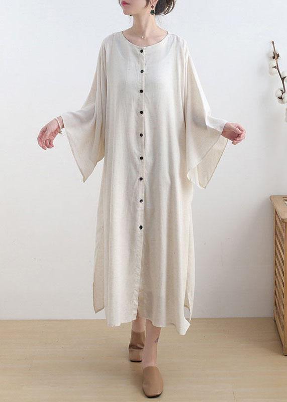 Beige O-neck Button Maxi Dresses Fall Cotton Dress