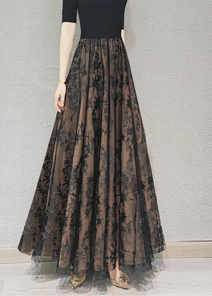 Chocolate Embroideried High Waist Flatering Tulle Maxi Skirt Spring