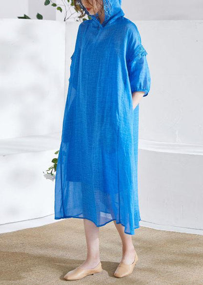 Organic Blue Ruffled Patchwork Summer Ramie Maxi Dresses Half Sleeve