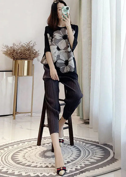 Original Design Black O-neck Wrinkled Tank Flare Sleeve