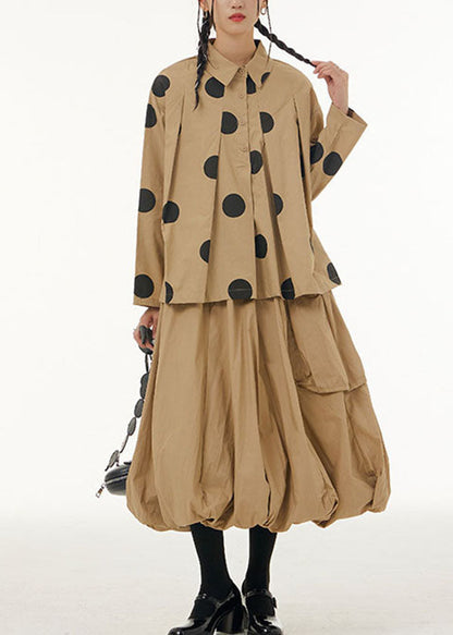 Khaki Peter Pan Collar Dot Print Patchwork Cotton Shirt Spring