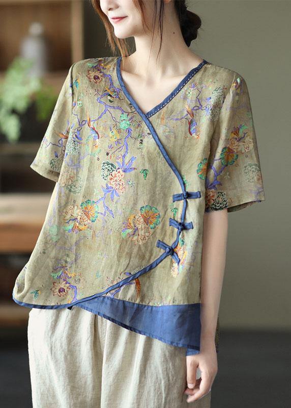 Simple Purple Print Ramie Oriental Summer Tops